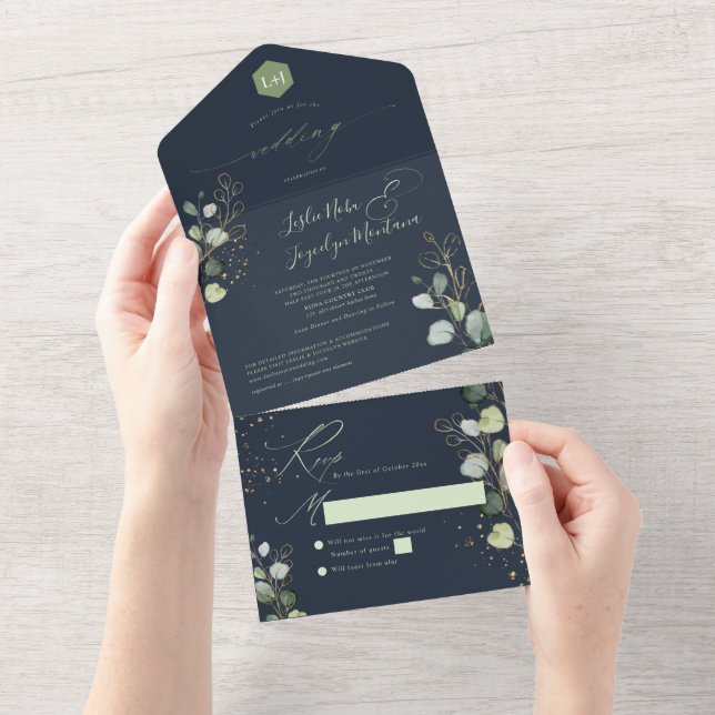 PixDezines Rustic H2 Green Gold Eucalyptus Navy All In One Invitation (Tearaway)