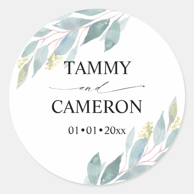 PixDezines Rustic Watercolor Greenery Eucalyptus C Classic Round Sticker (Front)