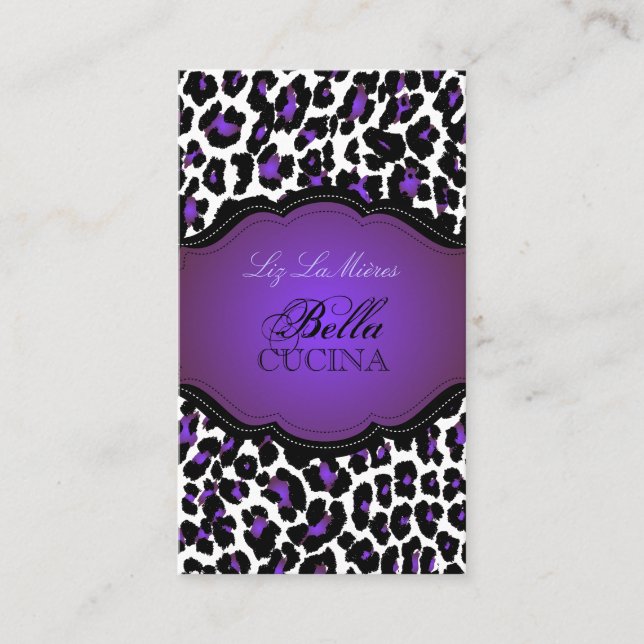 PixDezines Sassy cheetah print/purple+black Business Card (Front)
