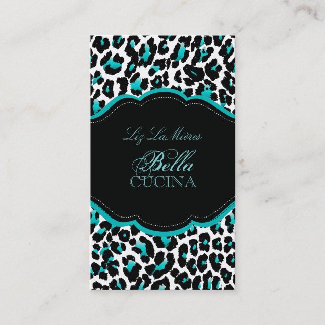 PixDezines Sassy cheetah print/teal+black Business Card (Front)