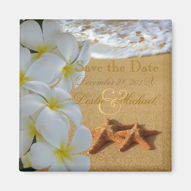 PixDezines Save Date, Beach+Plumeria+Starfish Magnet (Front)
