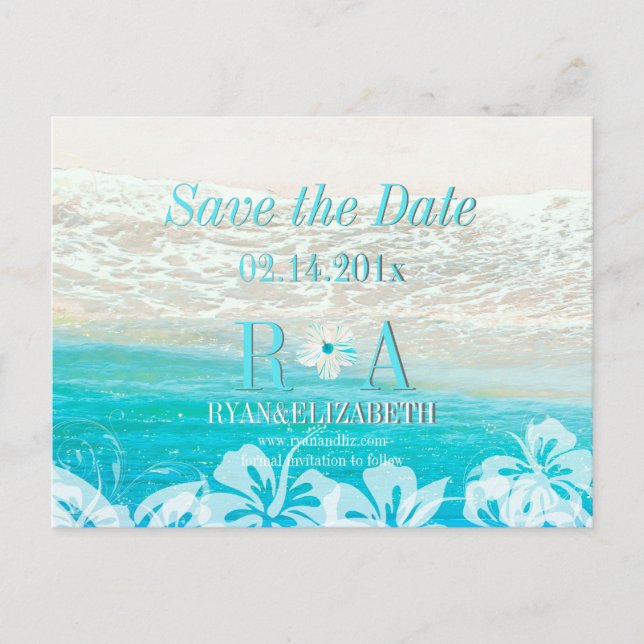 PixDezines save date beach+waves Announcement Postcard (Front)