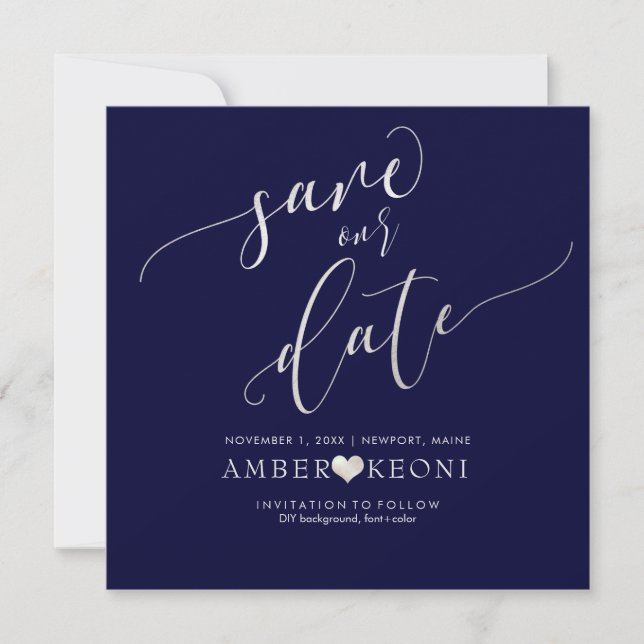 PixDezines Save Date/Faux Silver/Navy Blue Save The Date (Front)