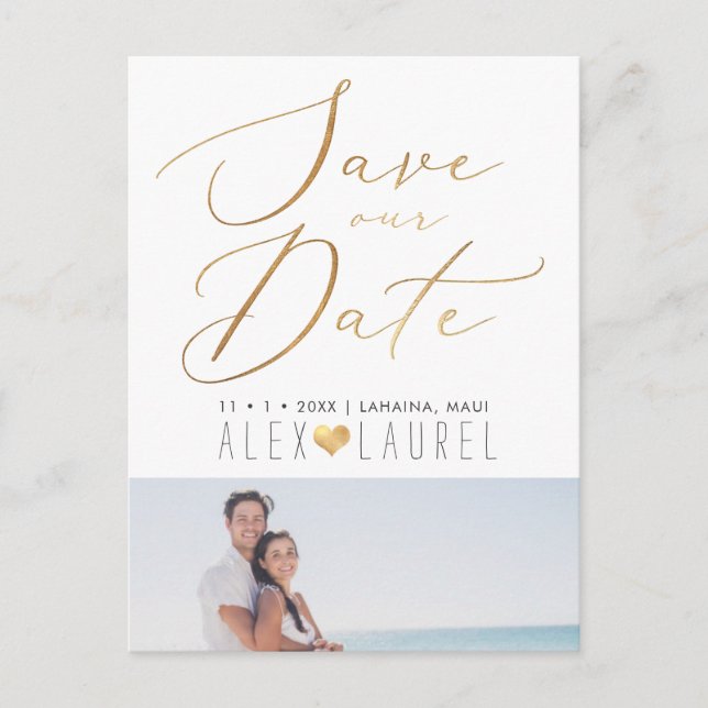 PixDezines Save our Date, Faux Gold Calligraphy Postcard (Front)
