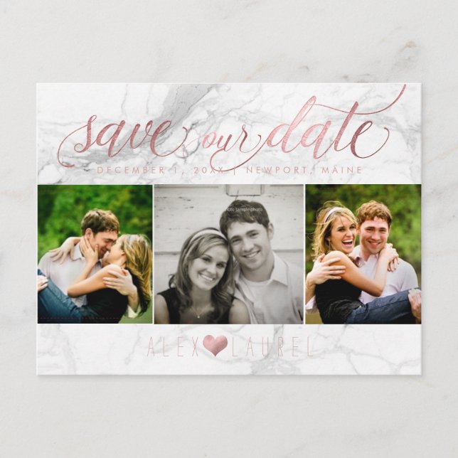 PixDezines Save our Date/Faux Rose Gold+Marble Postcard (Front)