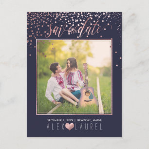 PixDezines Save th Date/Faux Rose Gold Confetti Announcement Postcard