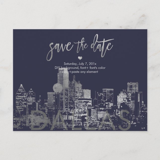 PixDezines/Save the Date Dallas Skyline/Faux Silve Announcement Postcard (Front)