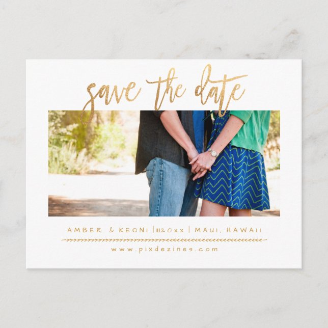 PixDezines Save the Date/Faux Gold Modern Script Announcement Postcard (Front)