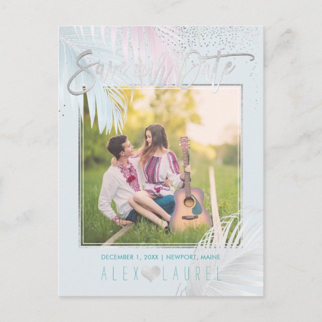 PixDezines Save the Date/Palms/Platinum+Aqua Announcement Postcard (Front)