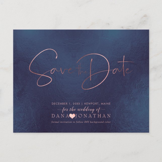 PixDezines Save the Date/Rose Gold Iridescent Navy Postcard (Front)