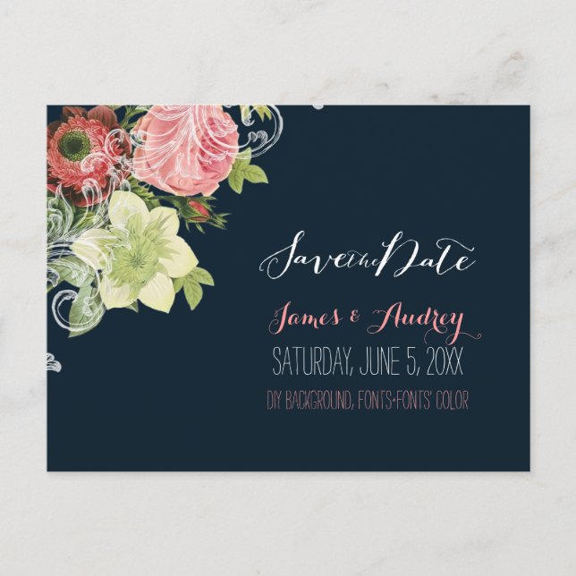 PixDezines save the date/vintage roses Announcement Postcard (Front)