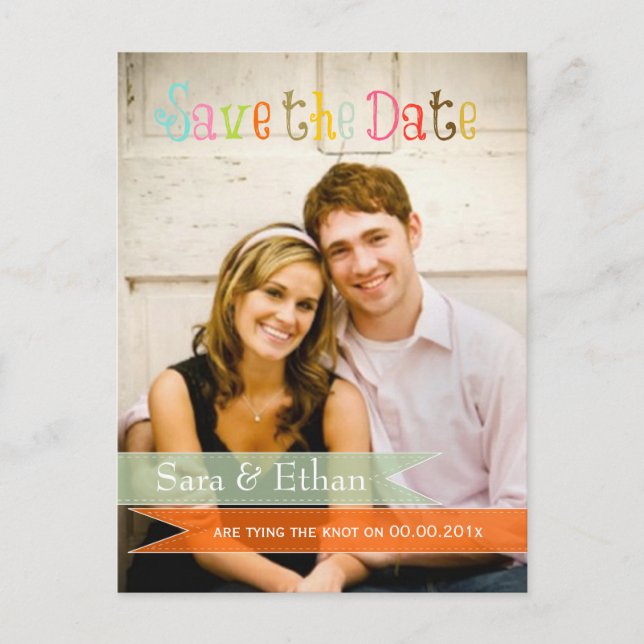 PixDezines seafoam+orange save the date Announcement Postcard (Front)