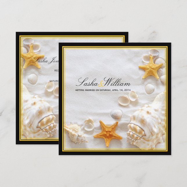 PixDezines Seashells/Beach/yellow+black frames Invitation (Front/Back)