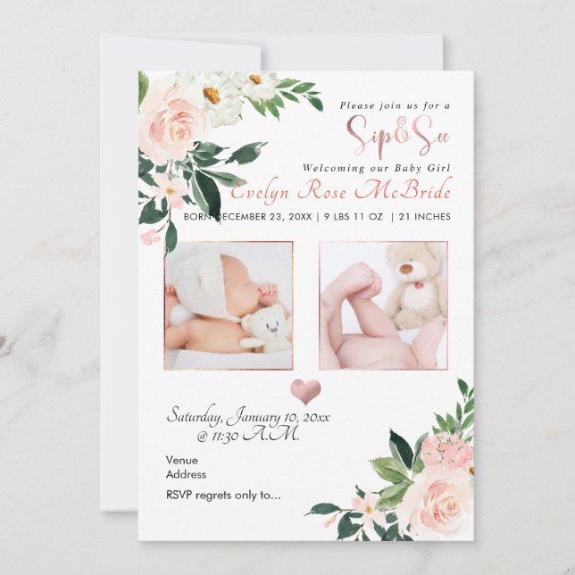 PixDezines SIP+SEE, BLUSH WATERCOLOR FLOWERS Announcement (Front)