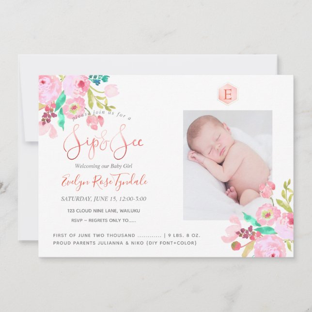 PixDezines SIP+SEE, WATERCOLOR FLOWERS Announcement (Front)