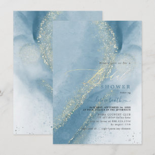 PixDezines Slate Blue Alcohol+Ink Bridal Shower Invitation