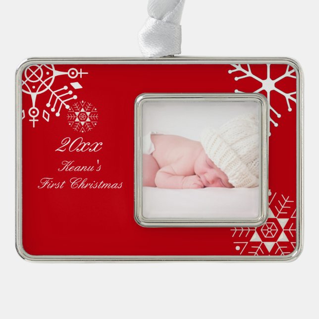 PixDezines Snowflakes First Christmas/DIY colour Silver Plated Framed Ornament (Front)