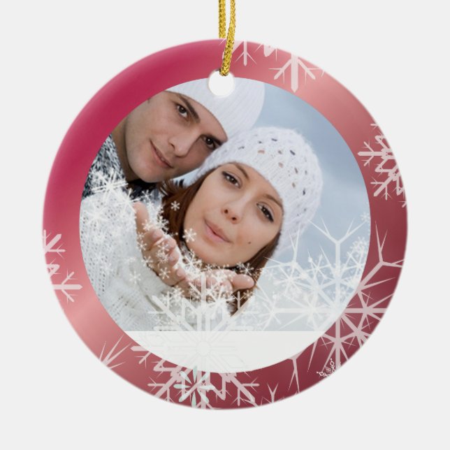PixDezines Snowflakes Photo Template White + Red Ceramic Tree Decoration (Front)