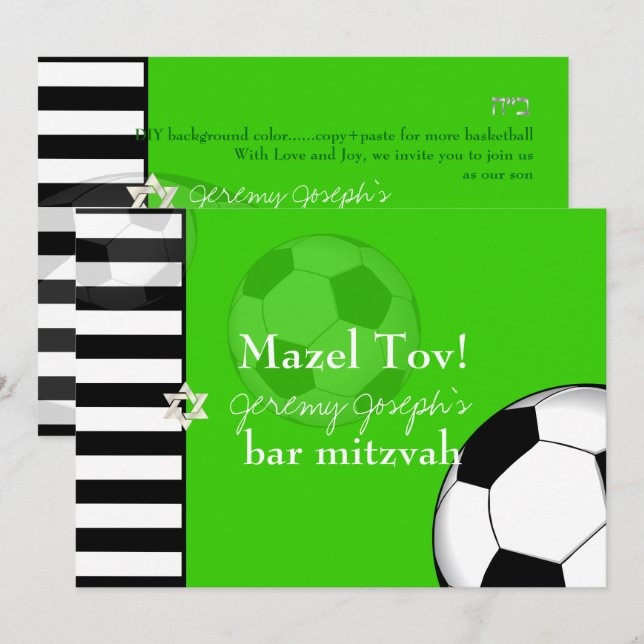 PixDezines soccer bar mitzvah/DIY colour Invitation (Front/Back)