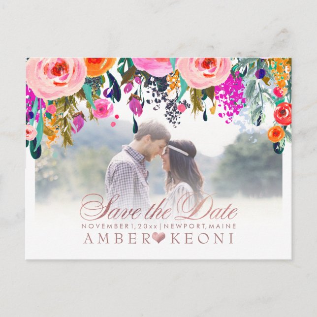 PixDezines Spring Floral Save the Date/Rose Gold Announcement Postcard (Front)