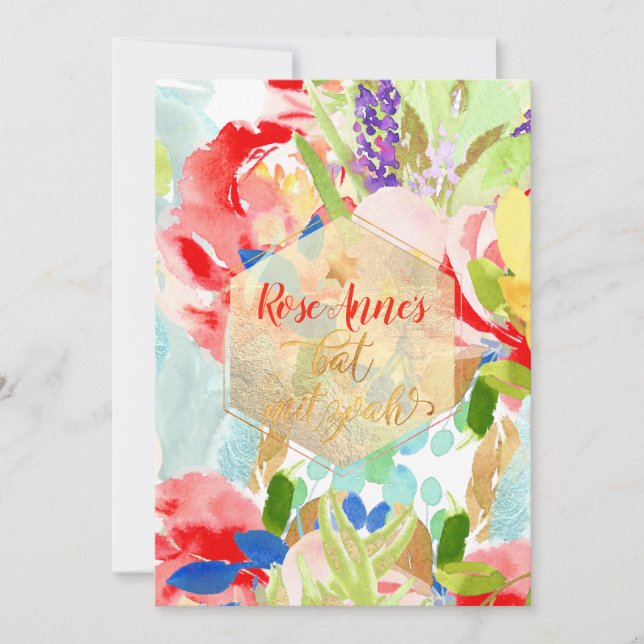 PixDezines Spring Watercolor Flowers Bat Mitzvah Invitation (Front)