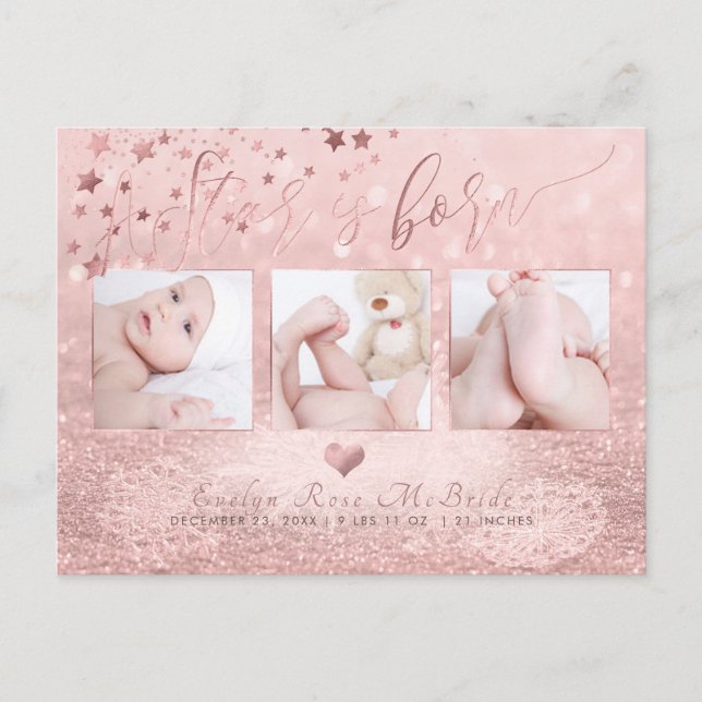 PixDezines Star is Born, Rose Gold Snow Bokeh Announcement Postcard (Front)
