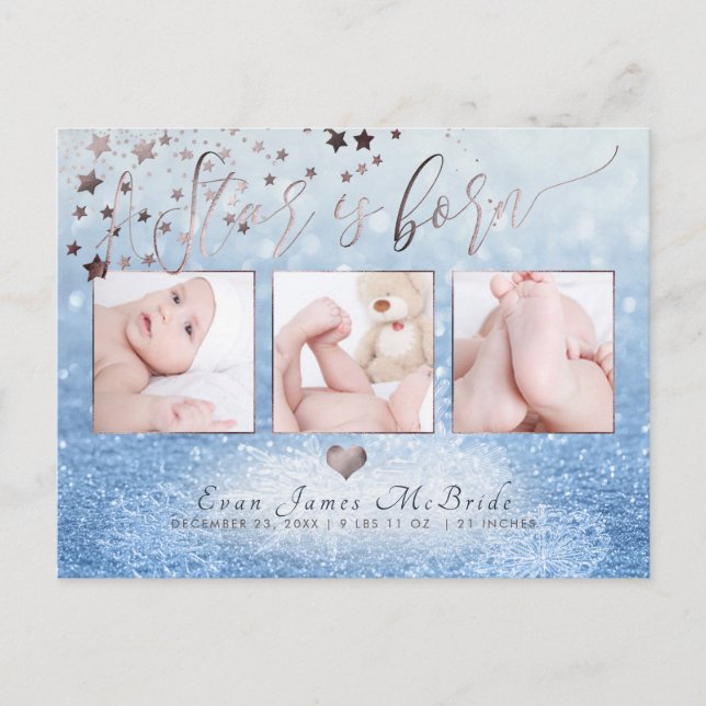 PixDezines Star is Born, Snow Bokeh Announcement Postcard (Front)