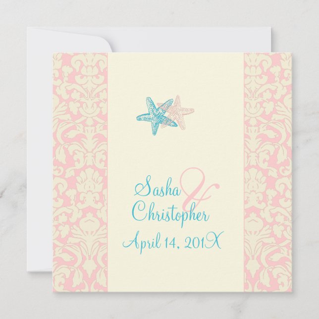 PixDezines Starfish + damask Wedding Invitations (Front)