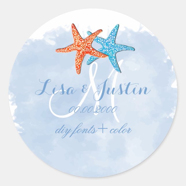 PixDezines starfish/placid blue watercolor Classic Round Sticker (Front)
