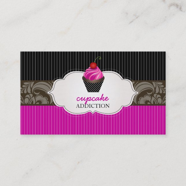 PixDezines strawberry swirls cupcake+pinstripes Business Card (Front)