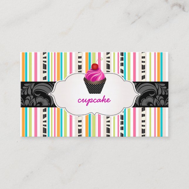 PixDezines strawberry swirls cupcake+stripes Business Card (Front)