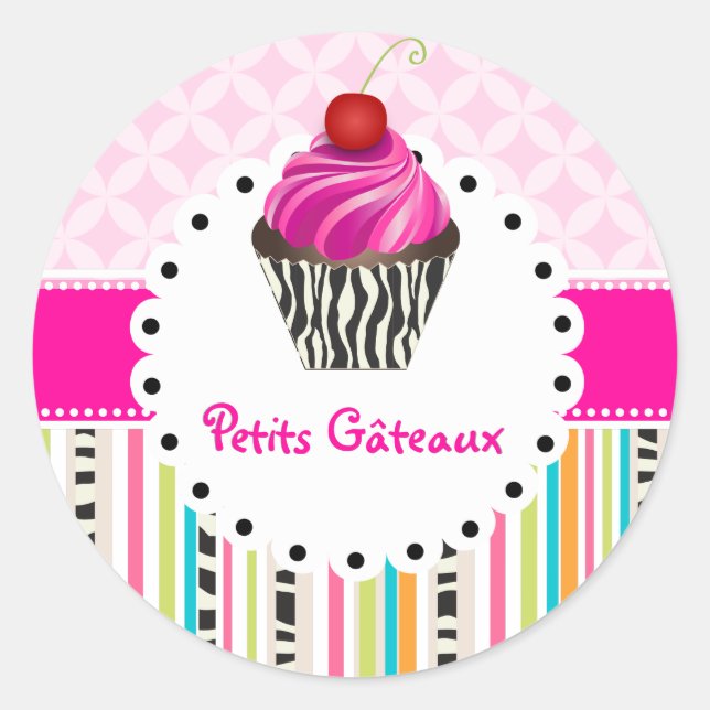 PixDezines stripes+lattice+cupcake/DIY colour Classic Round Sticker (Front)