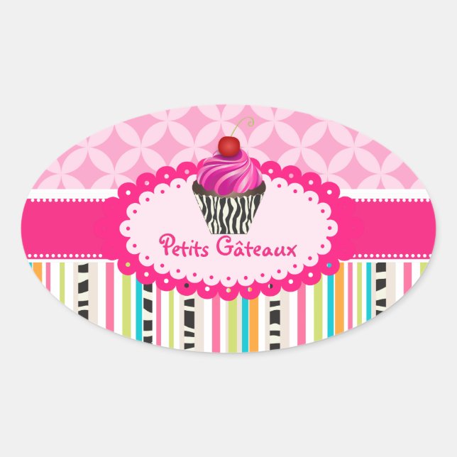 PixDezines stripes+lattice+cupcake/DIY colour Oval Sticker (Front)