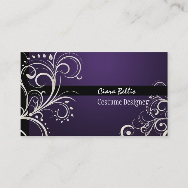 PixDezines Stylish Pearl Swirls+purple gem Business Card (Front)