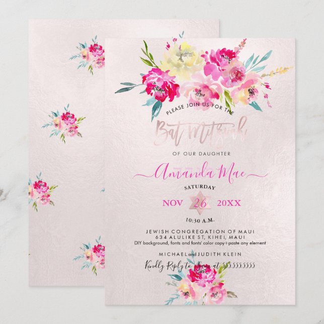 PixDezines Summer Peonies Watercolor Bat Mitzvah Invitation (Front/Back)