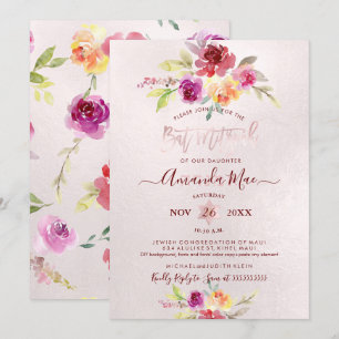 PixDezines Summer Roses Watercolor Bat Mitzvah Invitation