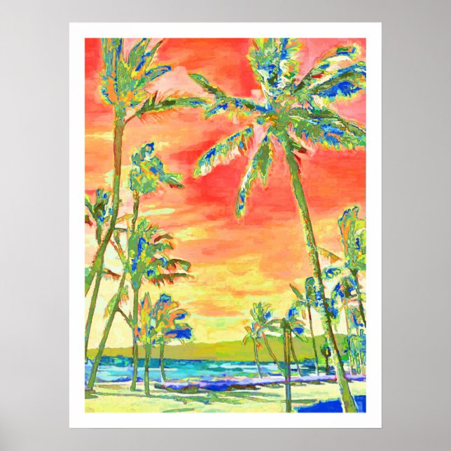 PixDezines Sunset Hawaiian Beach/Coral/Blue Poster (Front)