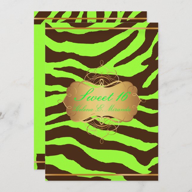 PixDezines SWEET 16/BROWN ZEBRA/DIY NEON GREEN Invitation (Front/Back)