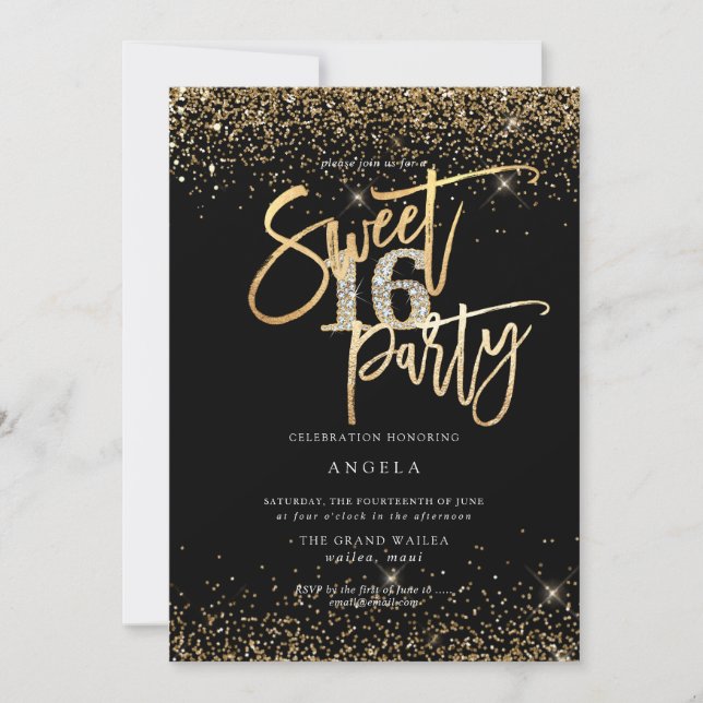 PixDezines Sweet 16 Diamond Black Gold Glitters Invitation (Front)