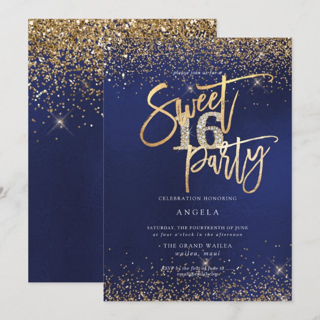 PixDezines Sweet 16 Diamond Glitters Navy Blue Invitation (Front/Back)