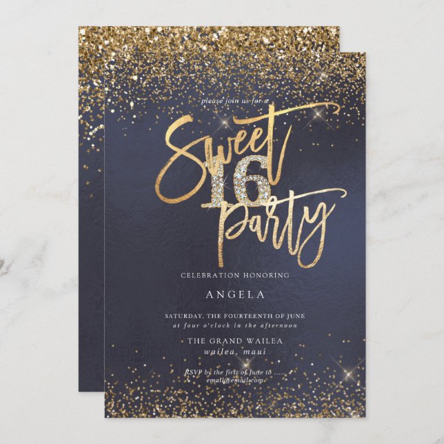 PixDezines Sweet 16 Diamond Glitters Slate Blue Invitation (Front/Back)