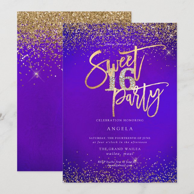 PixDezines Sweet 16 Diamond Glitters Ultra Violet Invitation (Front/Back)