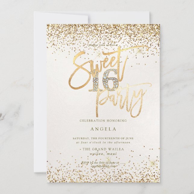PixDezines Sweet 16 Diamond Pearl Gold Glitter Invitation (Front)