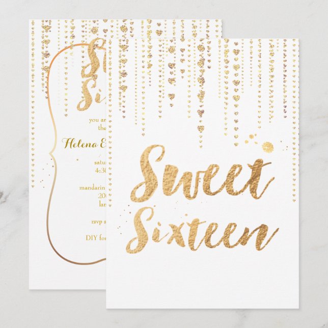PixDezines sweet 16, Golden Hearts Strings Glitter Invitation (Front/Back)