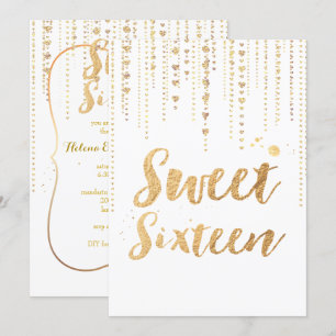 PixDezines sweet 16, Golden Hearts Strings Glitter Invitation