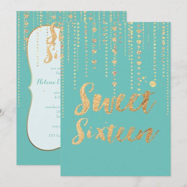 PixDezines sweet 16, Golden Hearts Strings Glitter Invitation (Front/Back)