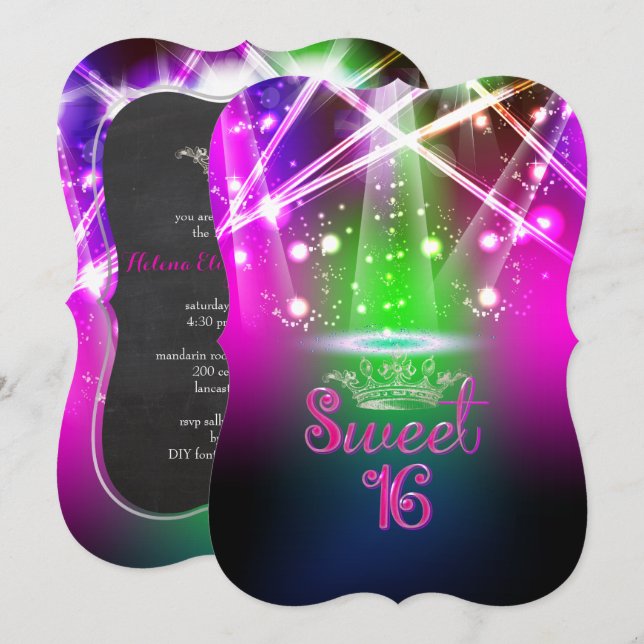 PixDezines Sweet 16, Laser Lights/Neon Lights Invitation (Front/Back)