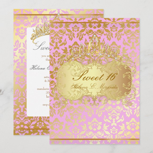 PixDezines SWEET 16/PRINCESS/PINK+GOLD TONE DAMASK Invitation (Front/Back)