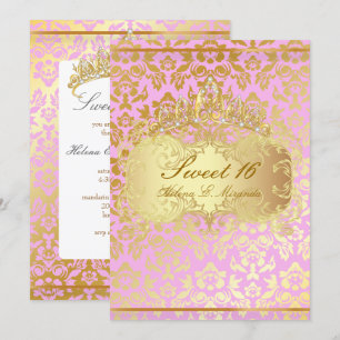 PixDezines SWEET 16/PRINCESS/PINK+GOLD TONE DAMASK Invitation