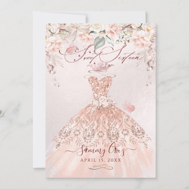 PixDezines Sweet Sixteen Rose Gold Glitter Gown Invitation (Front)